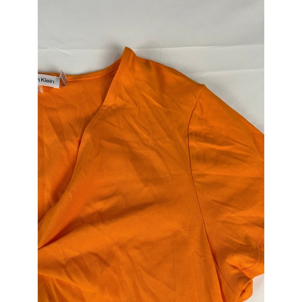 Calvin Klein Women's Orange V Neck Twisted Front Short Sleeve‎ T Shirt Top XL
